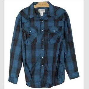 Haband Shirt Mens Large Blue Plaid Long Sleeve Snap Western Pockets